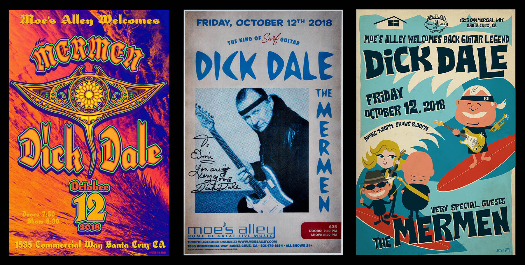 20181012 THE MERMEN + DICK DALE, Moe's Alley, Santa Cruz, CA / Posters (from left) by Denise Halbe, by Moe's Alley, and by emi