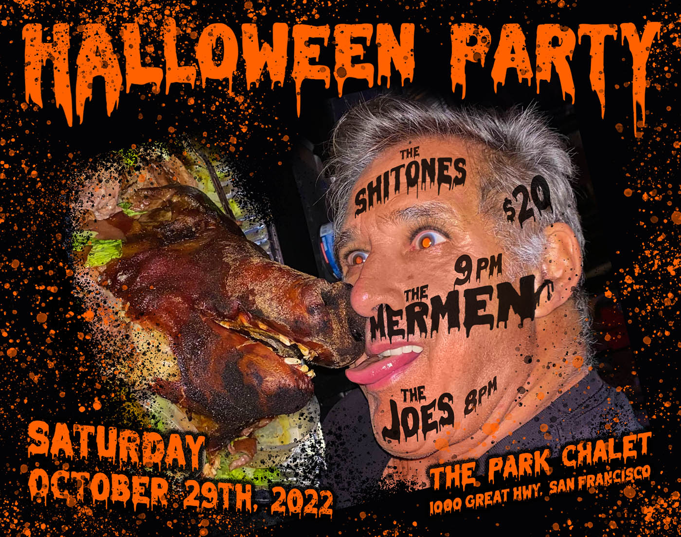 20221029 The Mermen Shitones Joes Halloween Party Flyer. artwork by emi