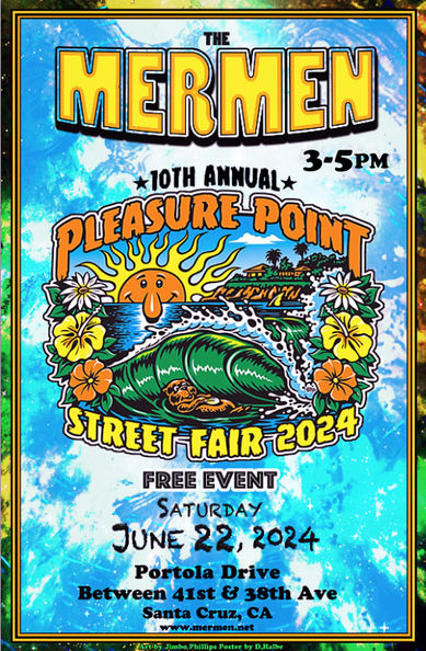 MERMEN_Pleasure-Pt-2024. Poster art by Denise Halbe, Pleasure Point logo by Jimbo Phillips