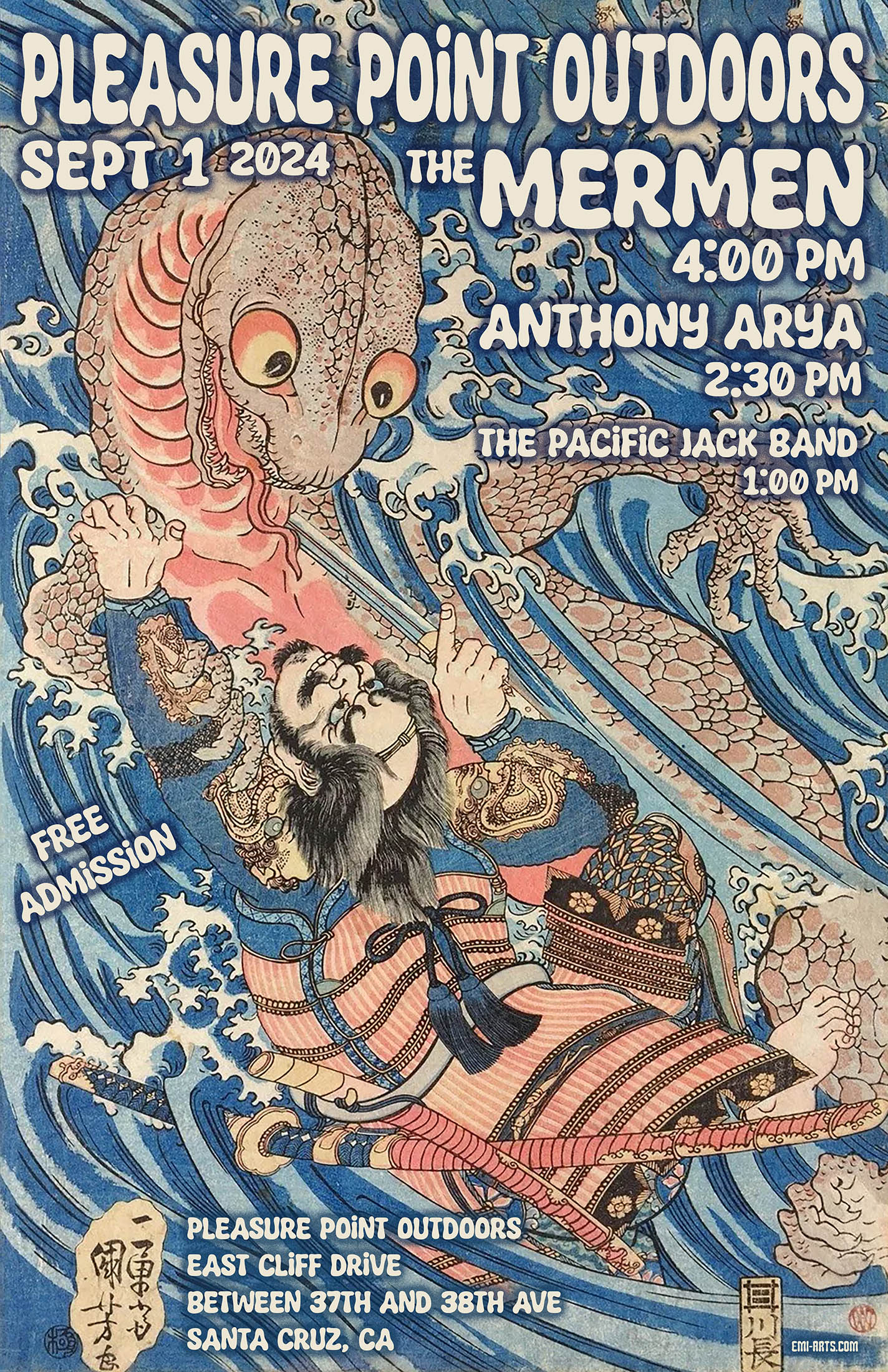 2024.9.1 The Mermen , Anthony Arya, The Pacific Jack Band at Pleasure Point Outdoors Santa Cruz CA. poster by emi